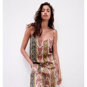 NWOT Zara floral print satin effect sleeveless self-tie strap cami top XS